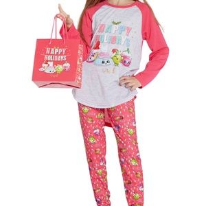 Two Piece Shopkins Pink and Gray Happy Holidays Outfit Pajama Sleepwear Size 6,8